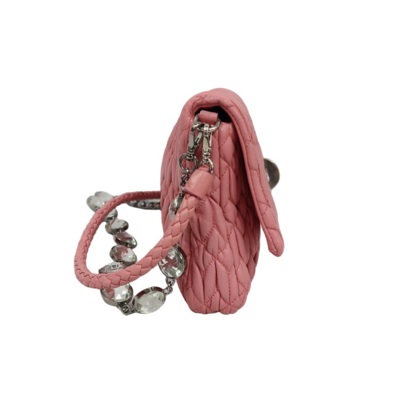MIUMIU Coffer Matelasse Nappa Crystal Chain Shoulder Bag Clutch Pink Leather Silver Hardware