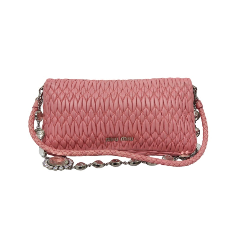 MIUMIU Coffer Matelasse Nappa Crystal Chain Shoulder Bag Clutch Pink Leather Silver Hardware