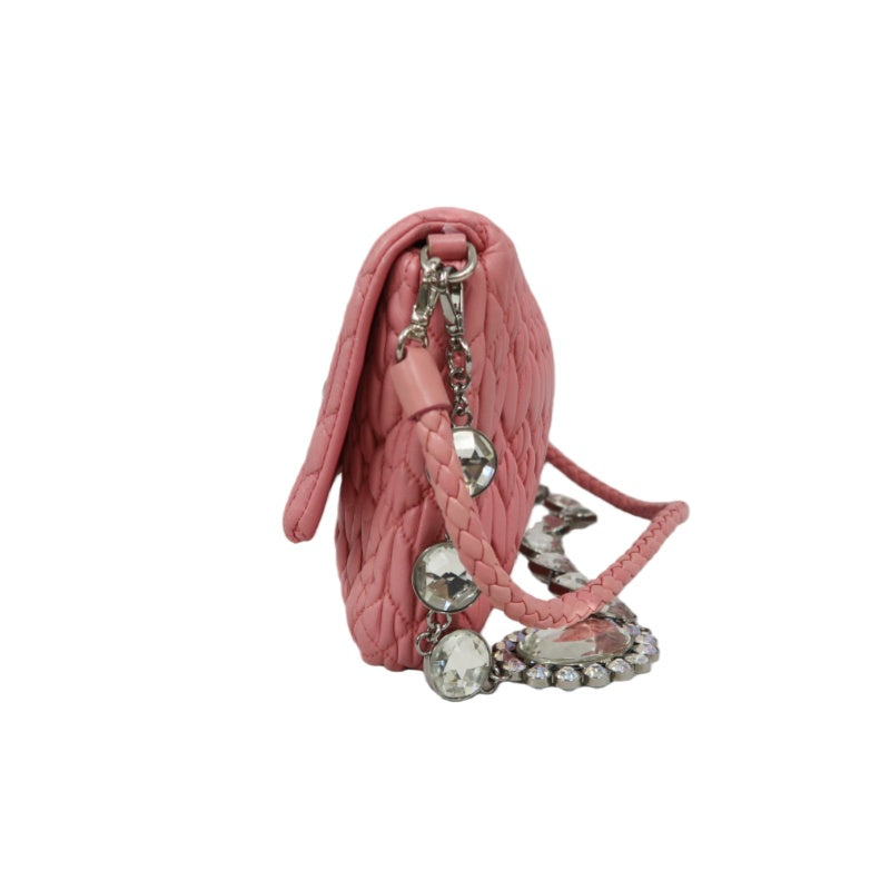 MIUMIU Coffer Matelasse Nappa Crystal Chain Shoulder Bag Clutch Pink Leather Silver Hardware