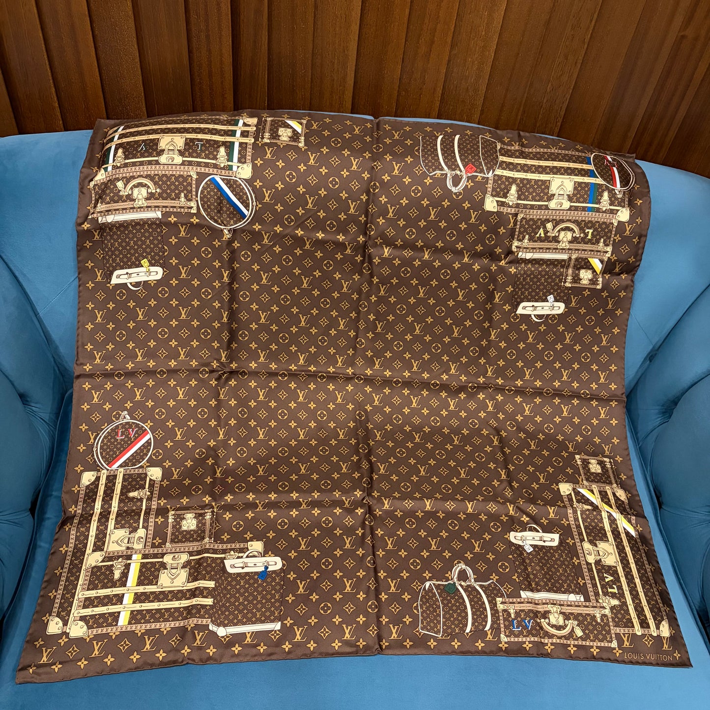 LOUIS VUITTON Monogram Trunk Luggage Full Print 100% Pure Silk Scarf Brown Classic LV Pattern Vintage Travel Theme Rare Collectible Accessory Included Original Gift Box