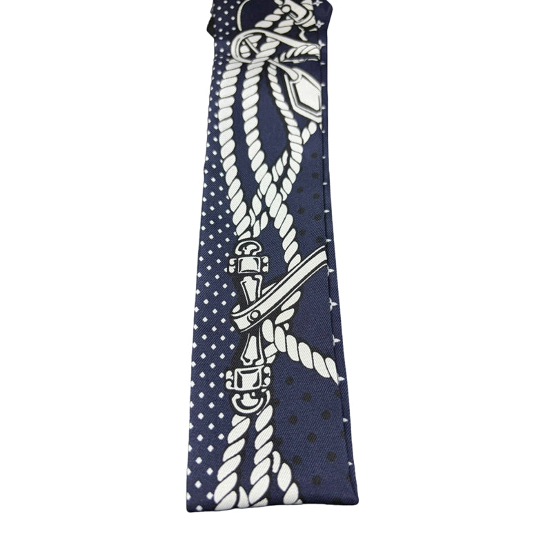 LOUIS VUITTON Bandeau BB Nautical Rope  Buckle Strap 100% Pure Silk Skinny Scarf Twilly Navy Blue White Monogram Dot Pattern Versatile Bag Handle Wrap Headband Included Original Gift Box Classic Accessory