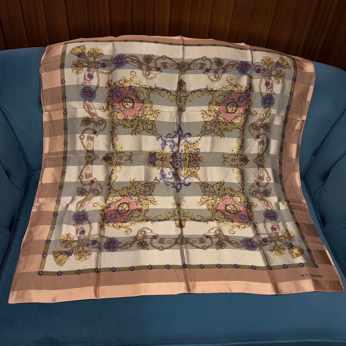 VALENTINO Baroque Print Silk Scarf Ivory/Beige