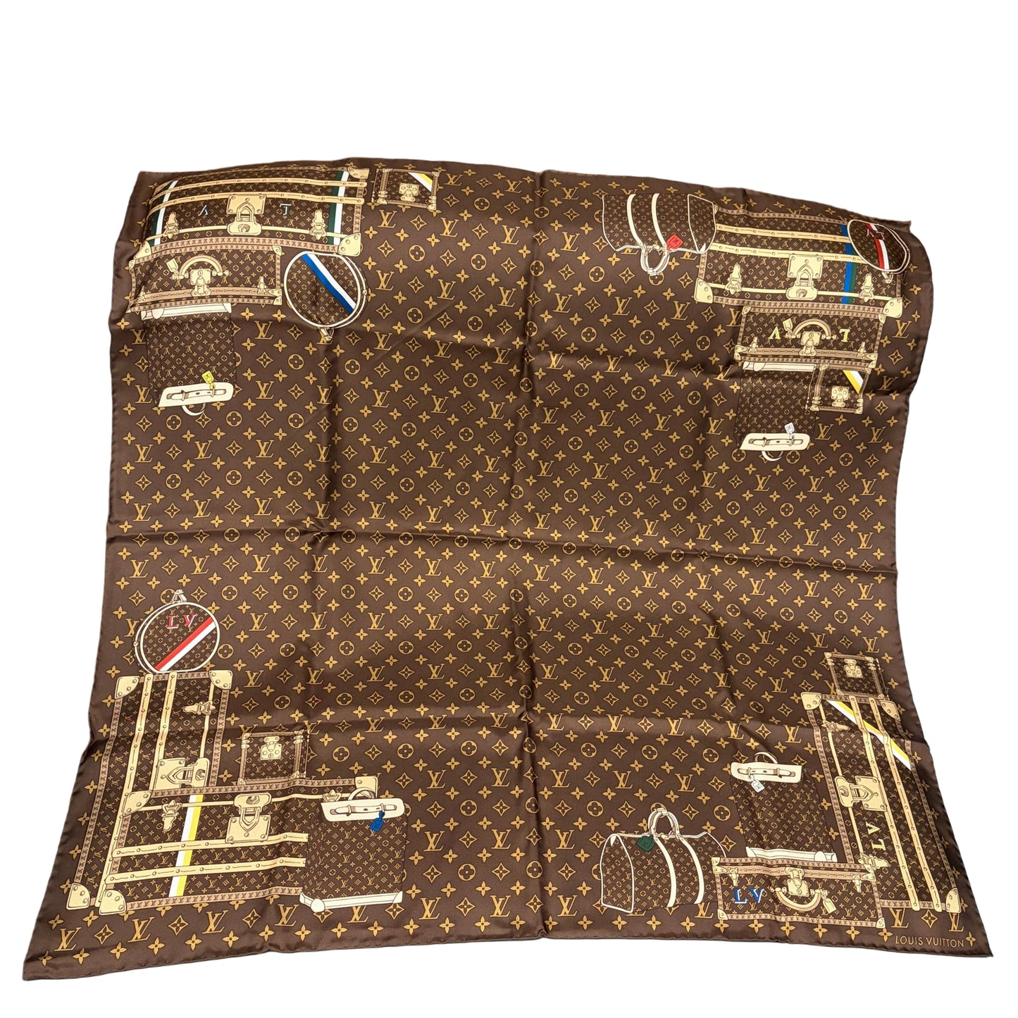 LOUIS VUITTON Monogram Trunk Luggage Full Print 100% Pure Silk Scarf Brown Classic LV Pattern Vintage Travel Theme Rare Collectible Accessory Included Original Gift Box