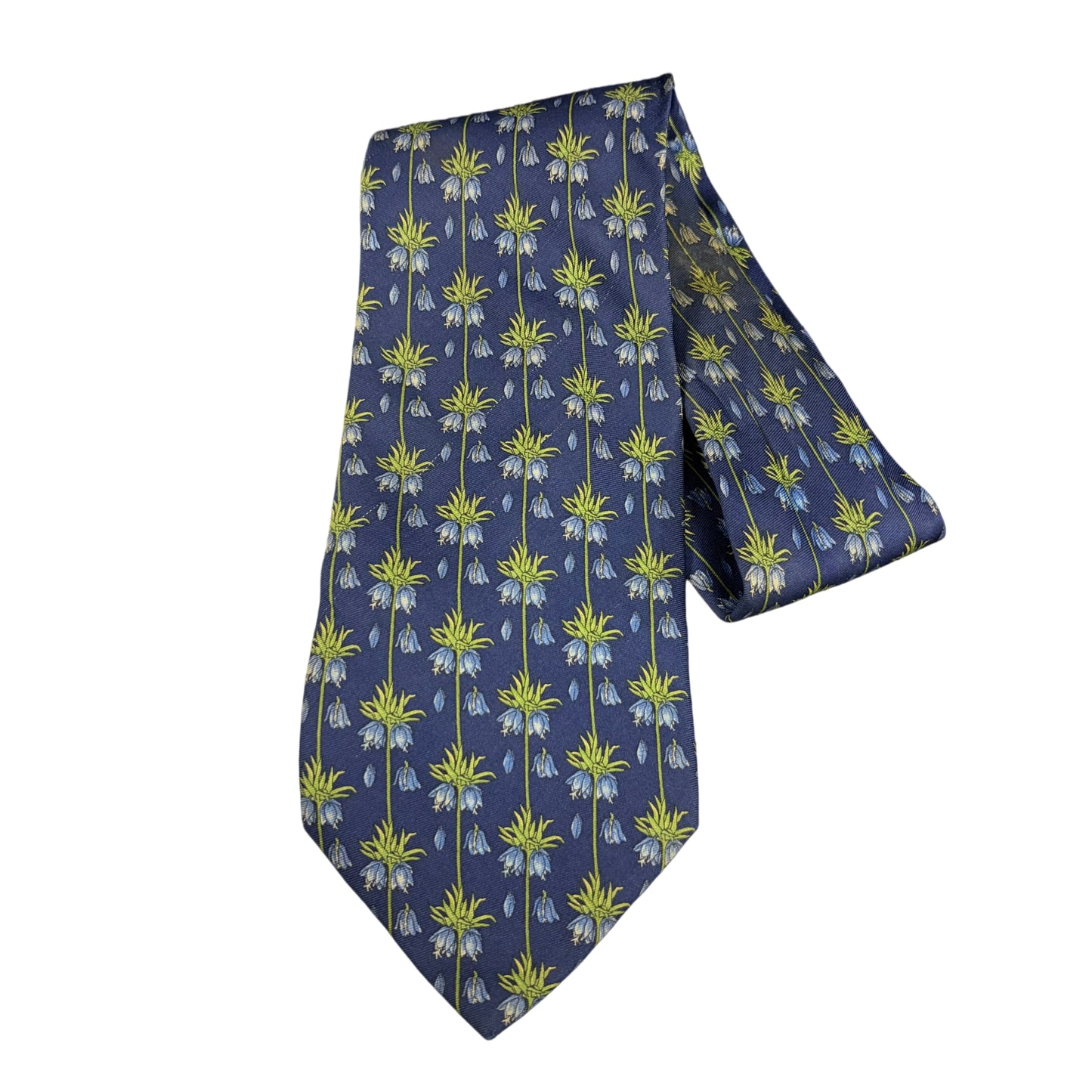 YSL  Floral Print Silk Tie Navy Blue