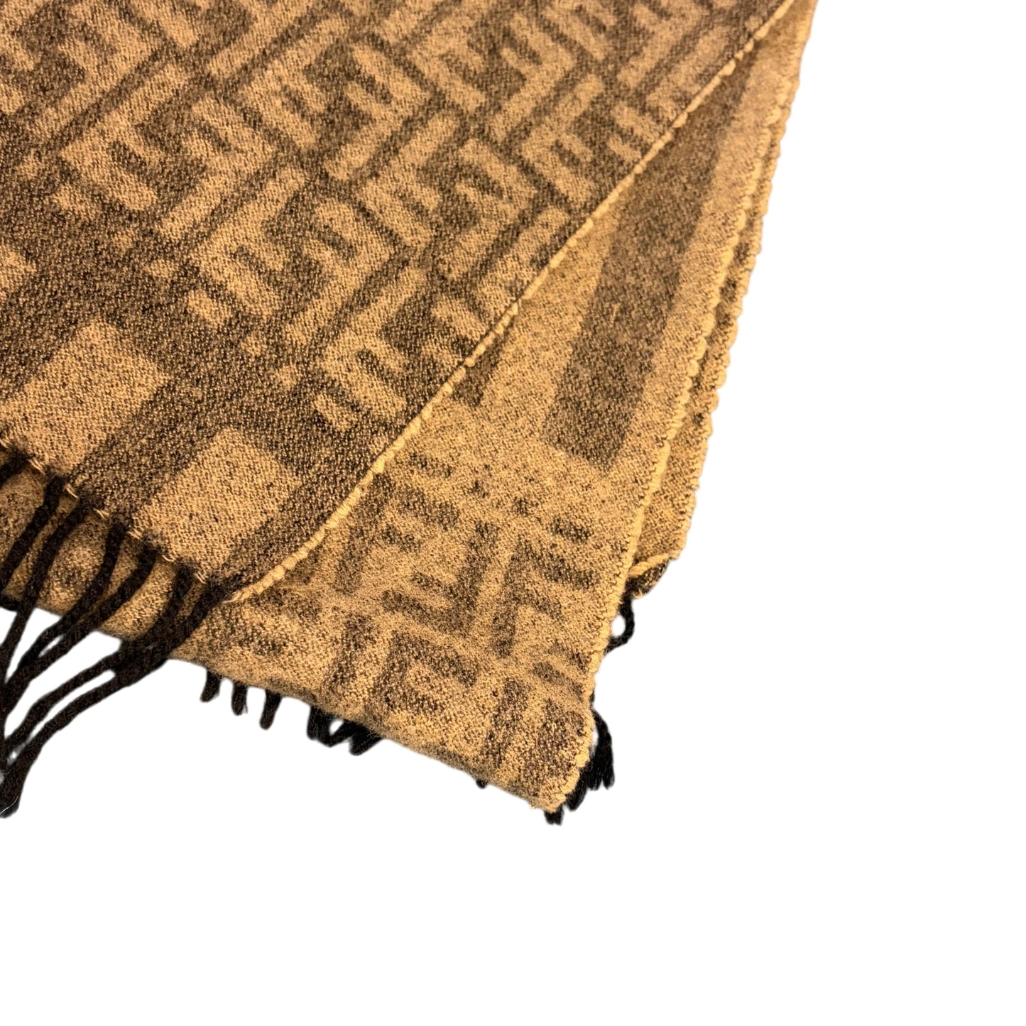 FENDI Zucca Pecan Muffler Scarf 100% Wool Beige x Brown Reversible FF Logo All-over Pattern Fringe Autumn Winter
