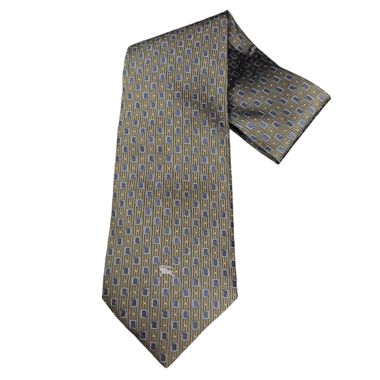 BURBERRY Equestrian Knight Geometric Pattern Silk Tie Khaki Gray