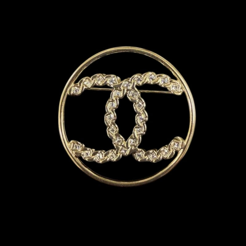CHANEL Coco Mark Round Brooch Rhinestone Gold Alloy Hardware
