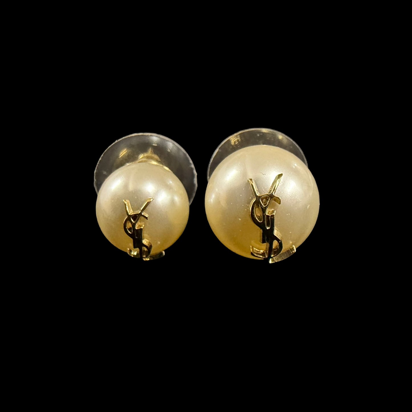 YVES SAINT LAURENT Ivory Glass Brass Logo Stud Earrings