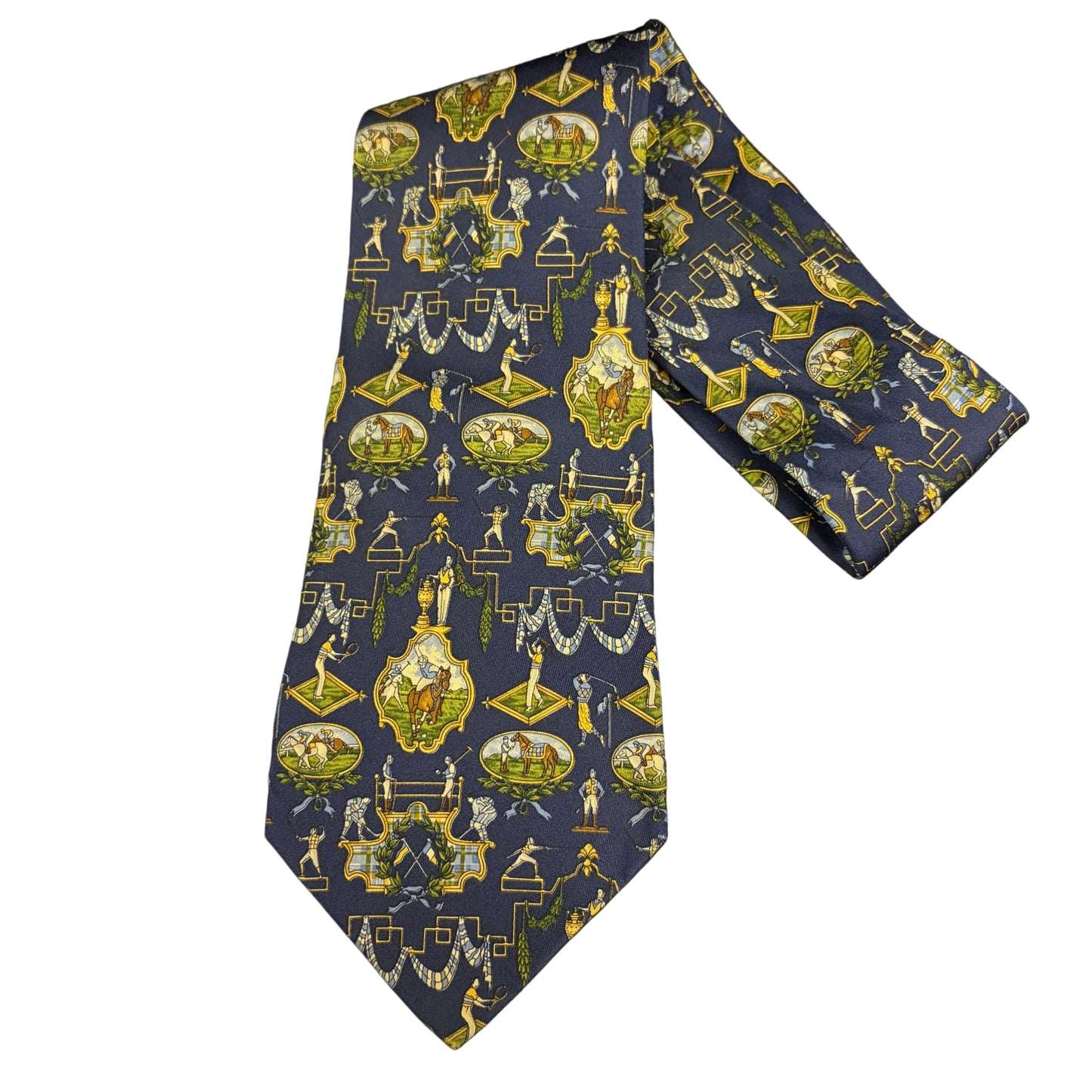FERRAGAMO  Equestrian Print Silk Tie Navy Multicolor