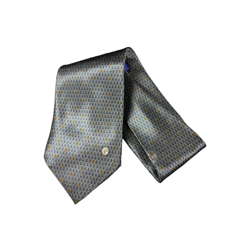 GIANNI VERSACE Micro Geometric Dot Jacquard 100% Pure Silk Tie Blue Gray Gold Accents Round Gold Tone GV Metal Plaque Detail Elegant Formal Business Necktie Luxury Vintage Accessory