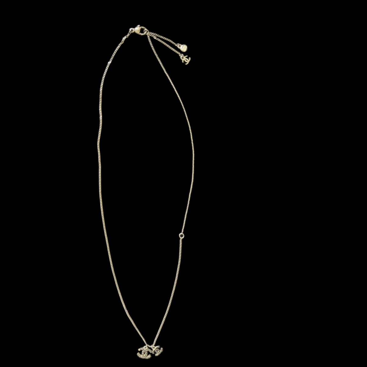 CHANEL Silver Alloy Black Pave Crystal Double CC Pendant Necklace