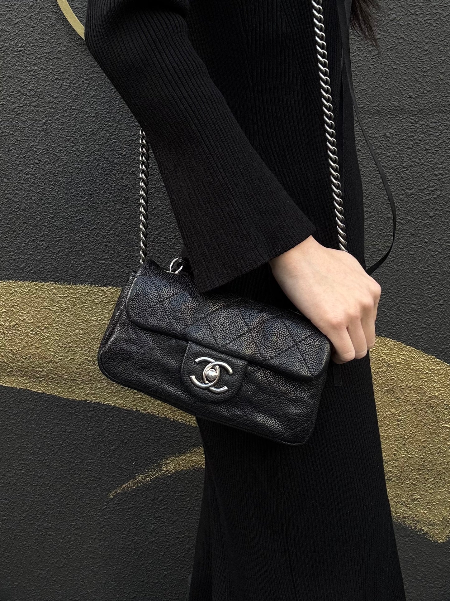 CHANEL Classic Flap (CF) Matelasse Shoulder Bag, Black Caviar Leather, Silver-Tone Hardware