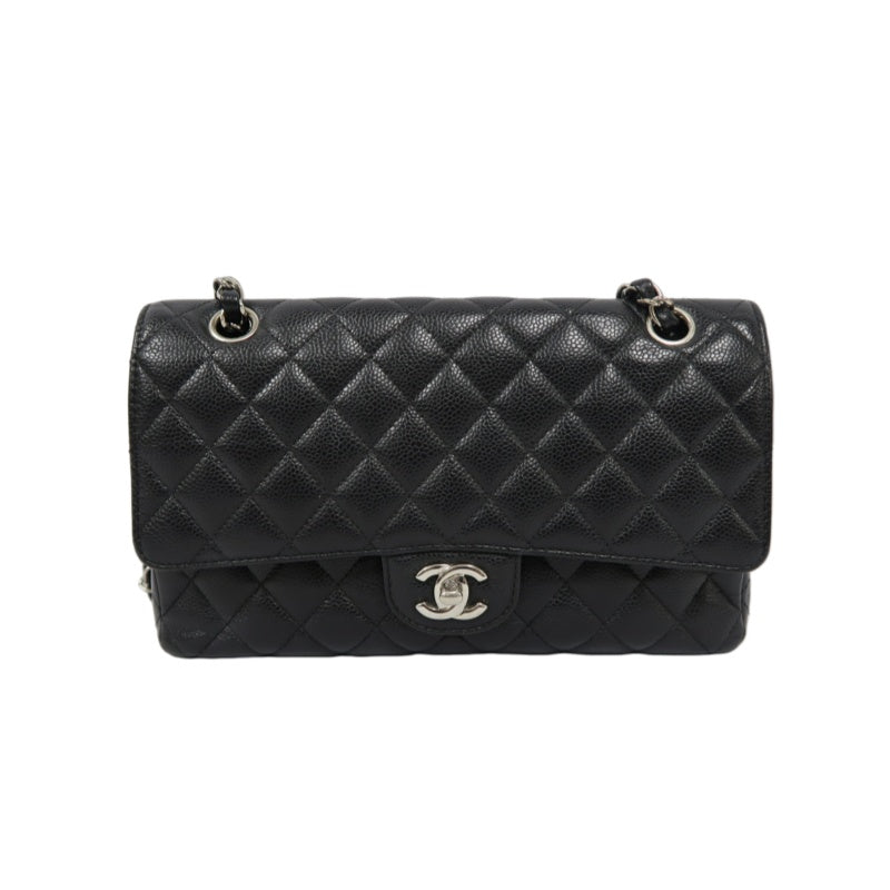 CHANEL Classic Flap Shoulder Bag, Caviar Leather, Black with Silver Hardware, Dust Bag Included