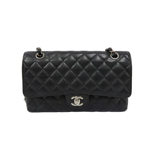 CHANEL Classic Flap Shoulder Bag, Caviar Leather, Black with Silver Hardware, Dust Bag Included