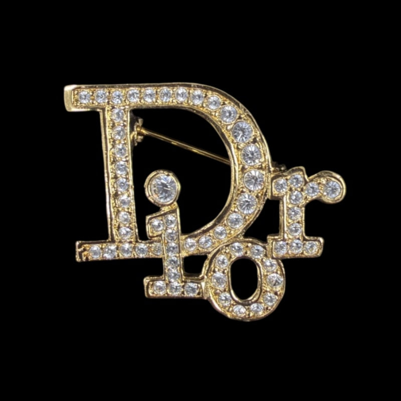 DIOR Gold Alloy Full Crystal Inlaid Logo Brooch, Comes With Original Case