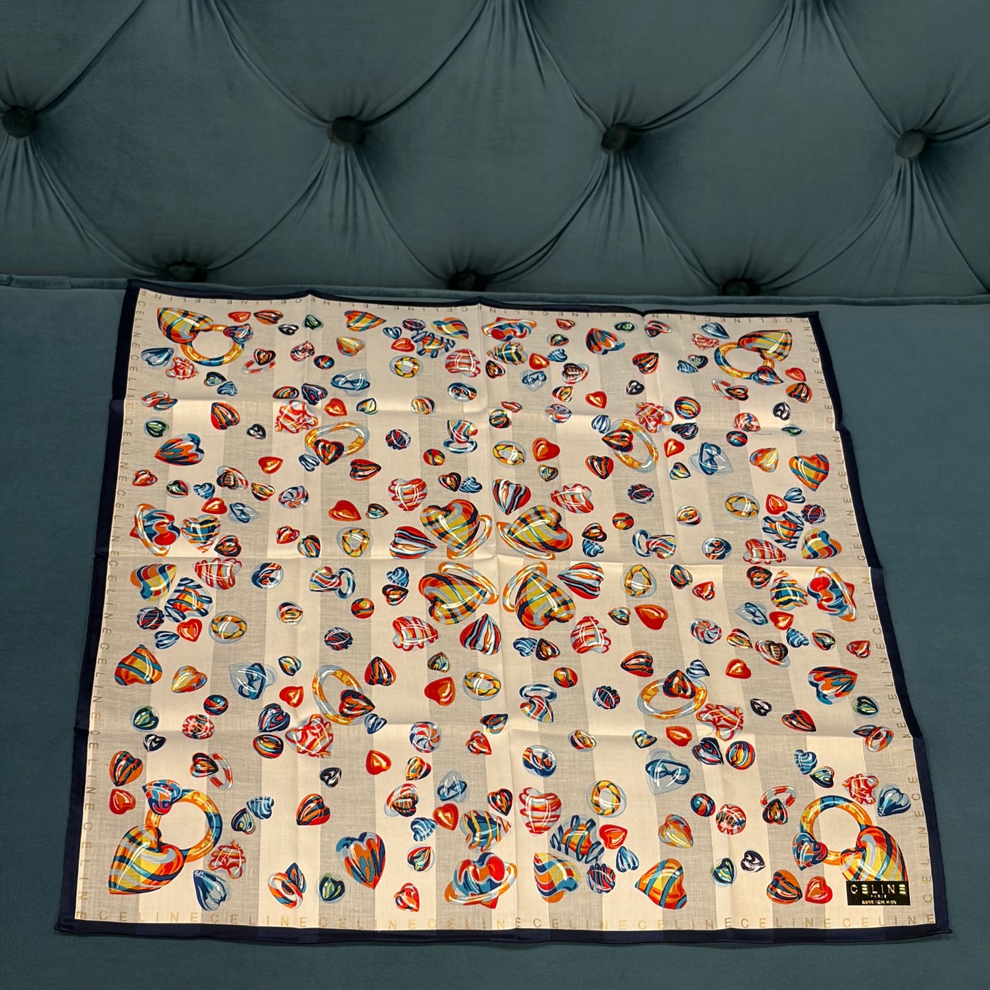CELINE Heart Print Silk Scarf White/Navy
