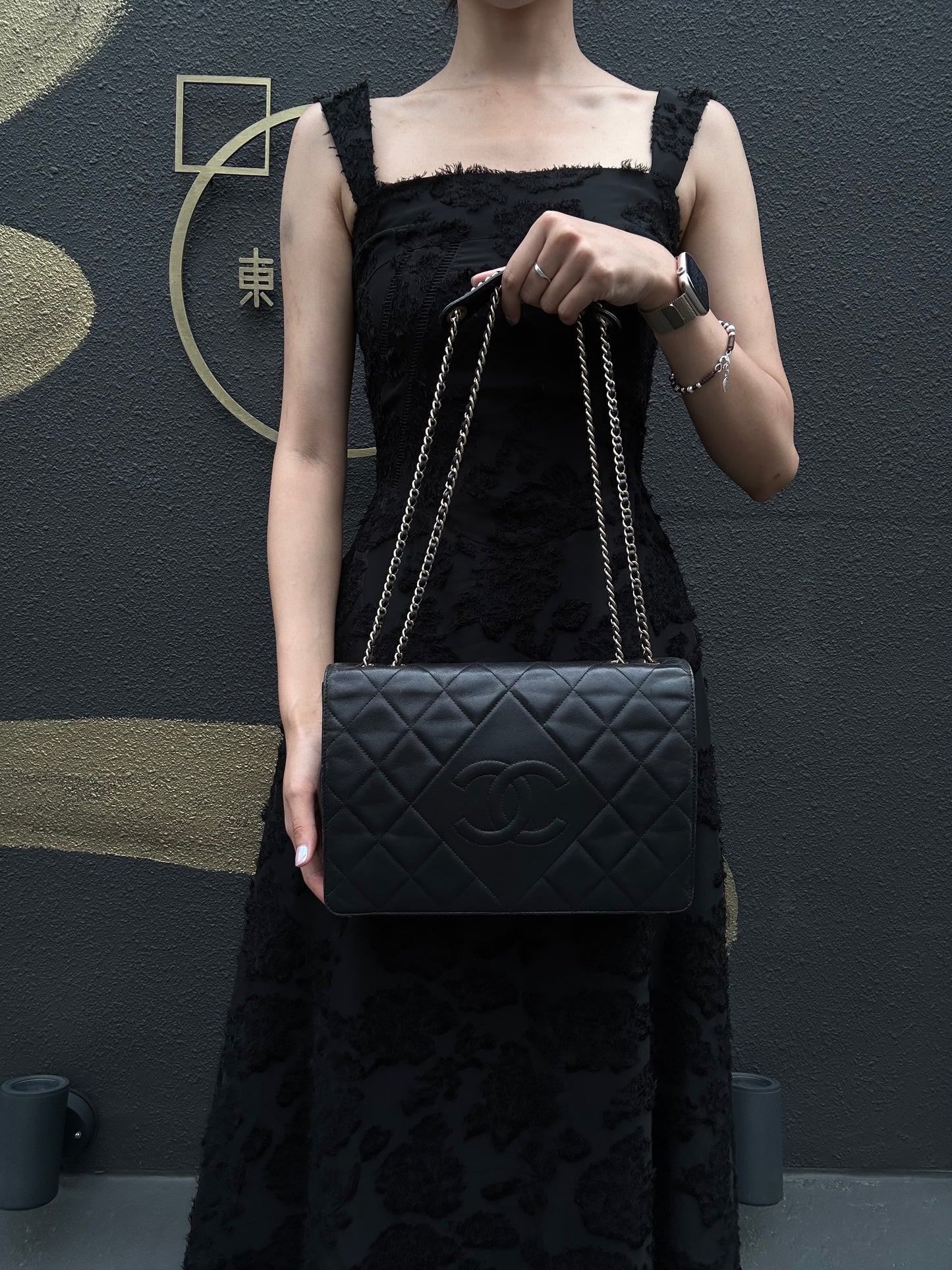 CHANEL Matelassé Chain Tote Shoulder Bag Lambskin Black Large Double CC Logo