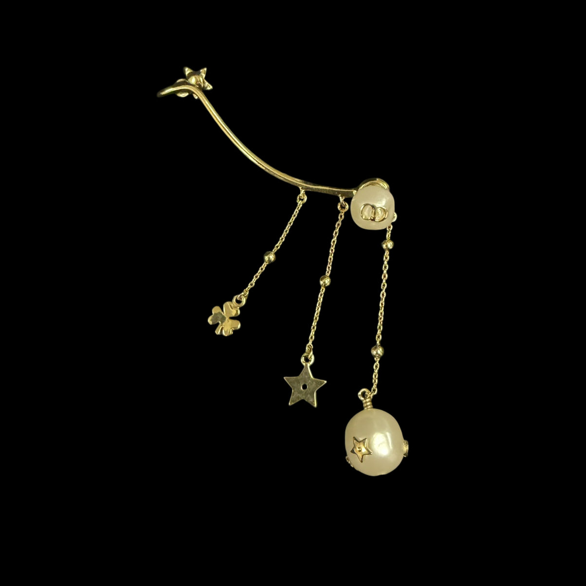 CHRISTIAN DIOR Single Earring Ear Cuff Faux Pearl Gold Metal Star Clover Tassel Charm Cute Elegant