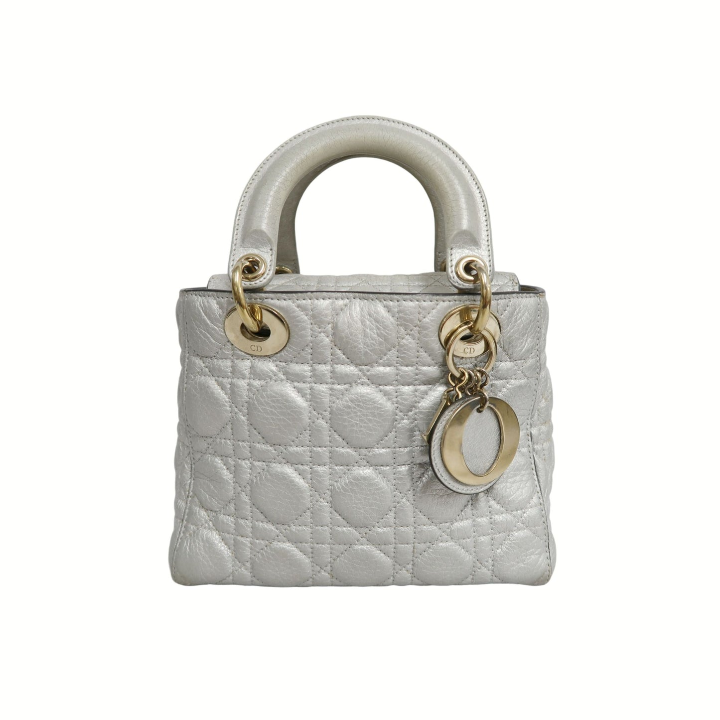 DIOR Lady Dior Cannage Quilted Lambskin Handbag Silver Pearlescent Gold Hardware 5-Format With Shoulder Strap