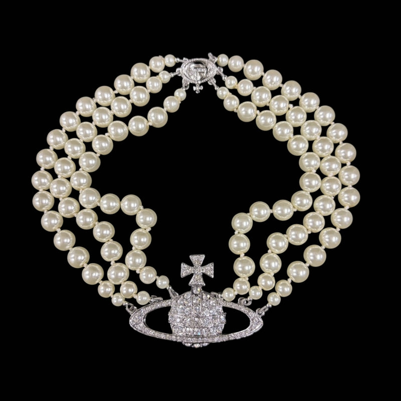VIVIENNE WESTWOOD 3-Layer Pearl Full Crystal Inlaid Saturn Orb Choker Necklace With Silver Hardware