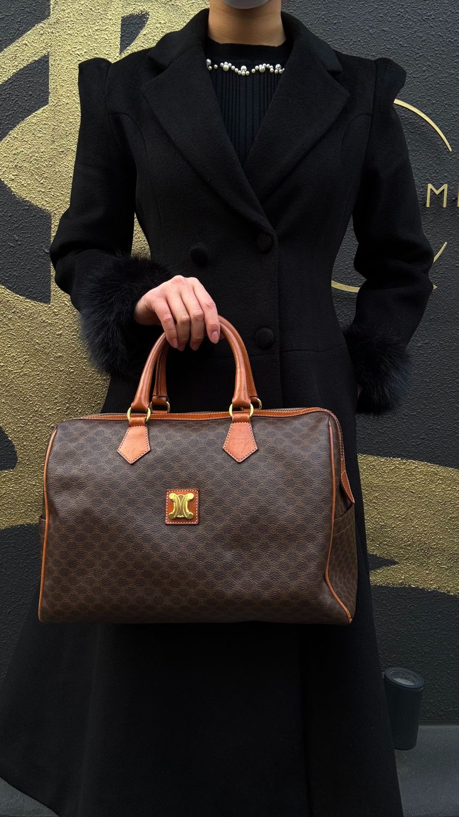 CELINE Macadam Mini Boston Bag, Brown, Gold Hardware, CELINE Monogram PVC Boston Handbag