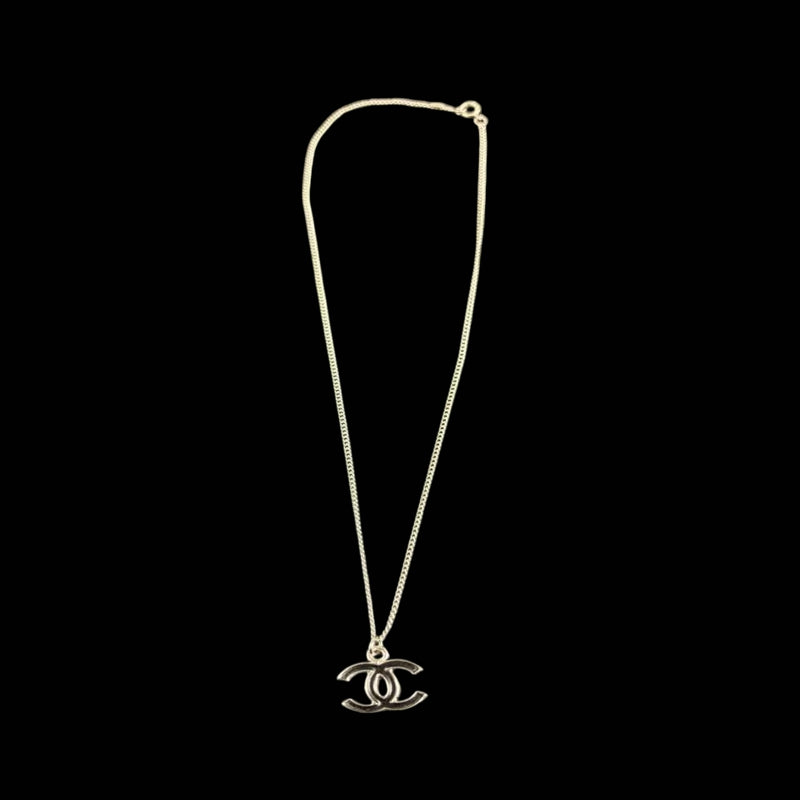 CHANEL Coco Mark Pendant Necklace Black Silver Alloy Hardware