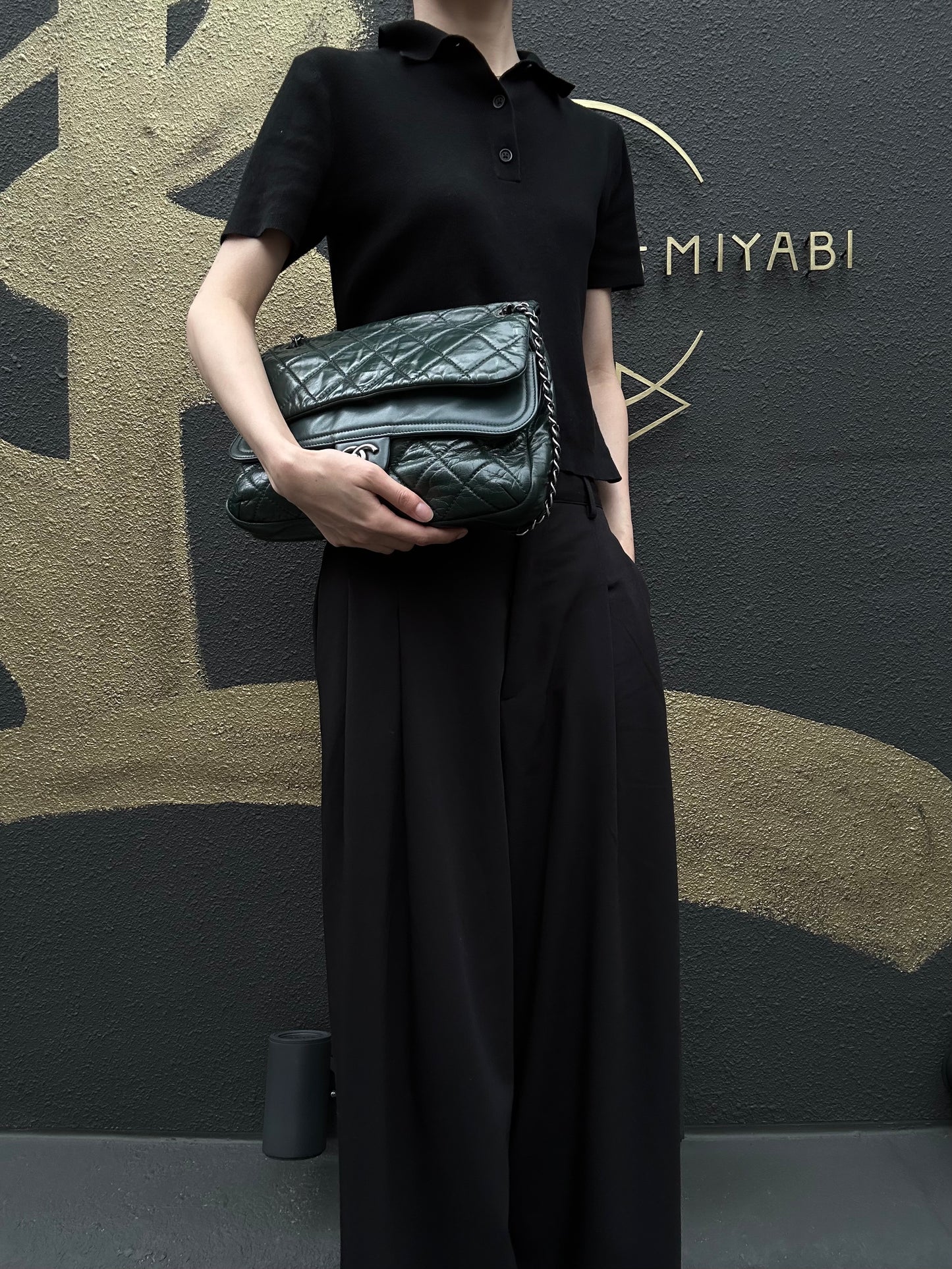 CHANEL Matelassé Lambskin Shoulder Bag Khaki Silver-Tone Hardware