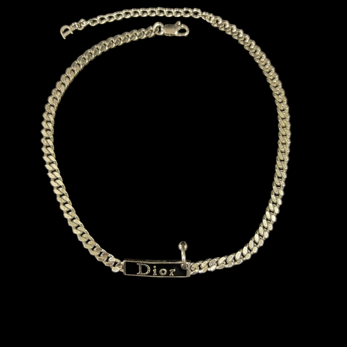 DIOR Silver Cuban Chain Embossed Logo Bar Necklace