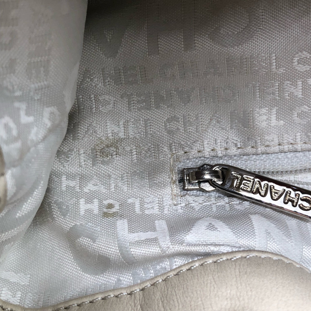 Chanel Drawstring Shoulder Bag Lambskin Chain Silver Hardware White Beige  Bucket Bag