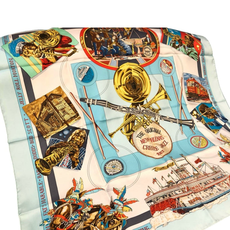 HERMES Scarf, Horse Pattern, Blue Tone, with tag and box
