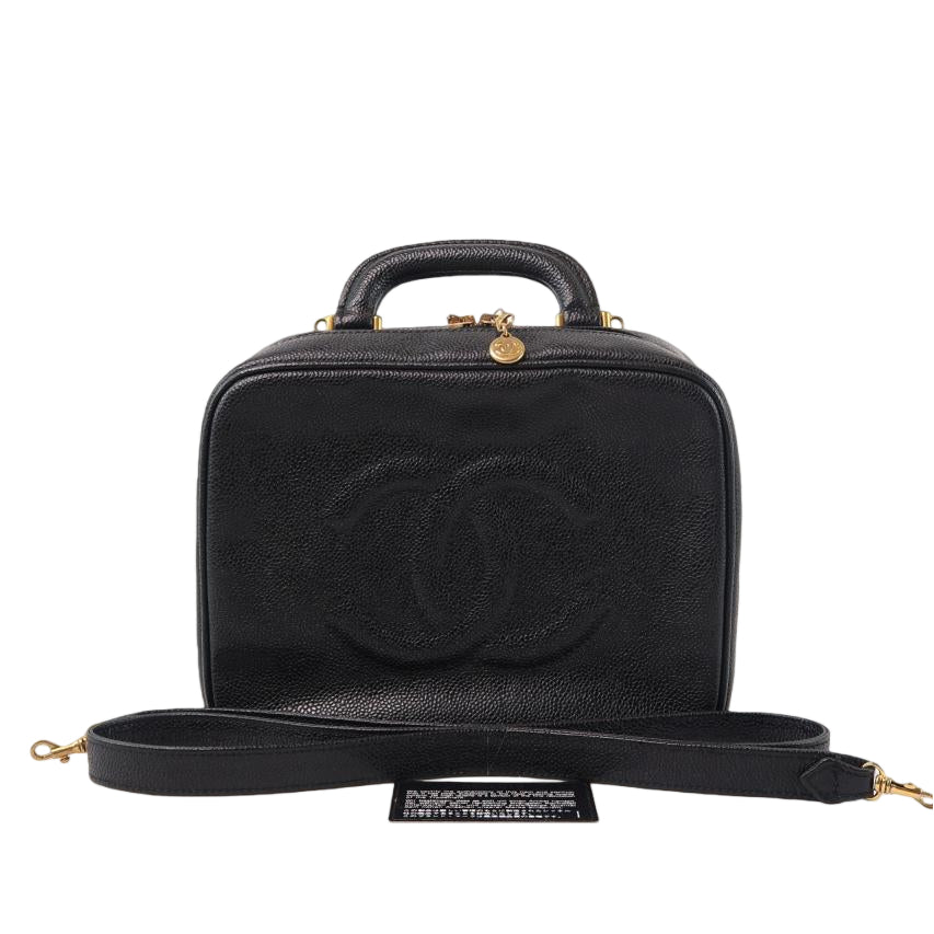 CHANEL Black Caviar Leather Box Bag, Gold Hardware, with Shoulder Strap & Guarantee Card, Top Handle & Crossbody Style