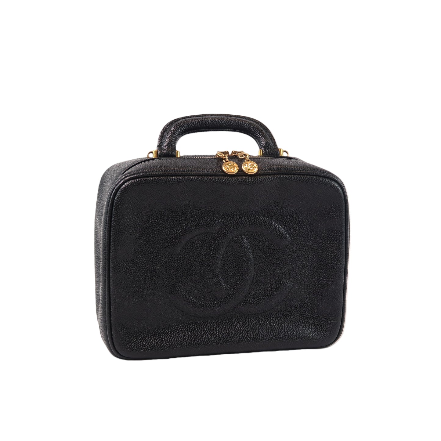 CHANEL Black Caviar Leather Box Bag, Gold Hardware, with Shoulder Strap & Guarantee Card, Top Handle & Crossbody Style