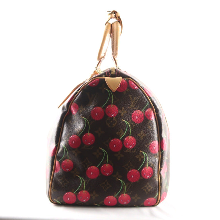 Louis Vuitton (LV) Monogram Cherry Keepall 45, Brown PVC, Limited Edition, Includes Name Tag, Luggage Strap & Boarding Pass Holder