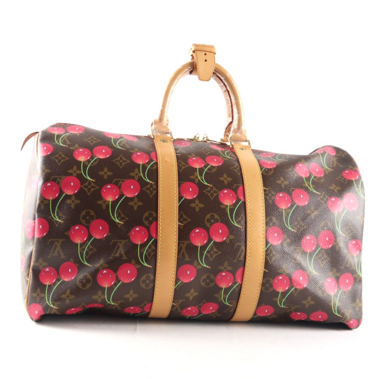 Louis Vuitton (LV) Monogram Cherry Keepall 45, Brown PVC, Limited Edition, Includes Name Tag, Luggage Strap & Boarding Pass Holder