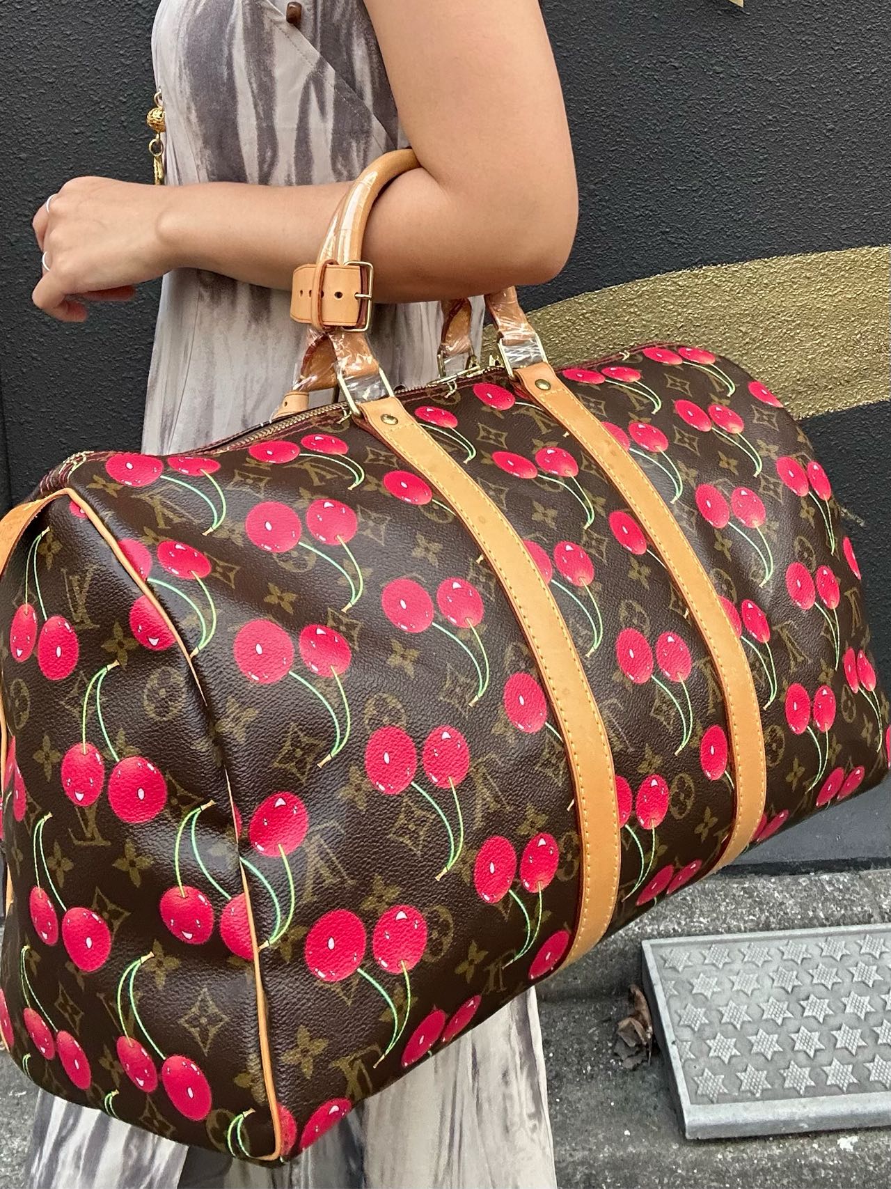 Louis Vuitton (LV) Monogram Cherry Keepall 45, Brown PVC, Limited Edition, Includes Name Tag, Luggage Strap & Boarding Pass Holder