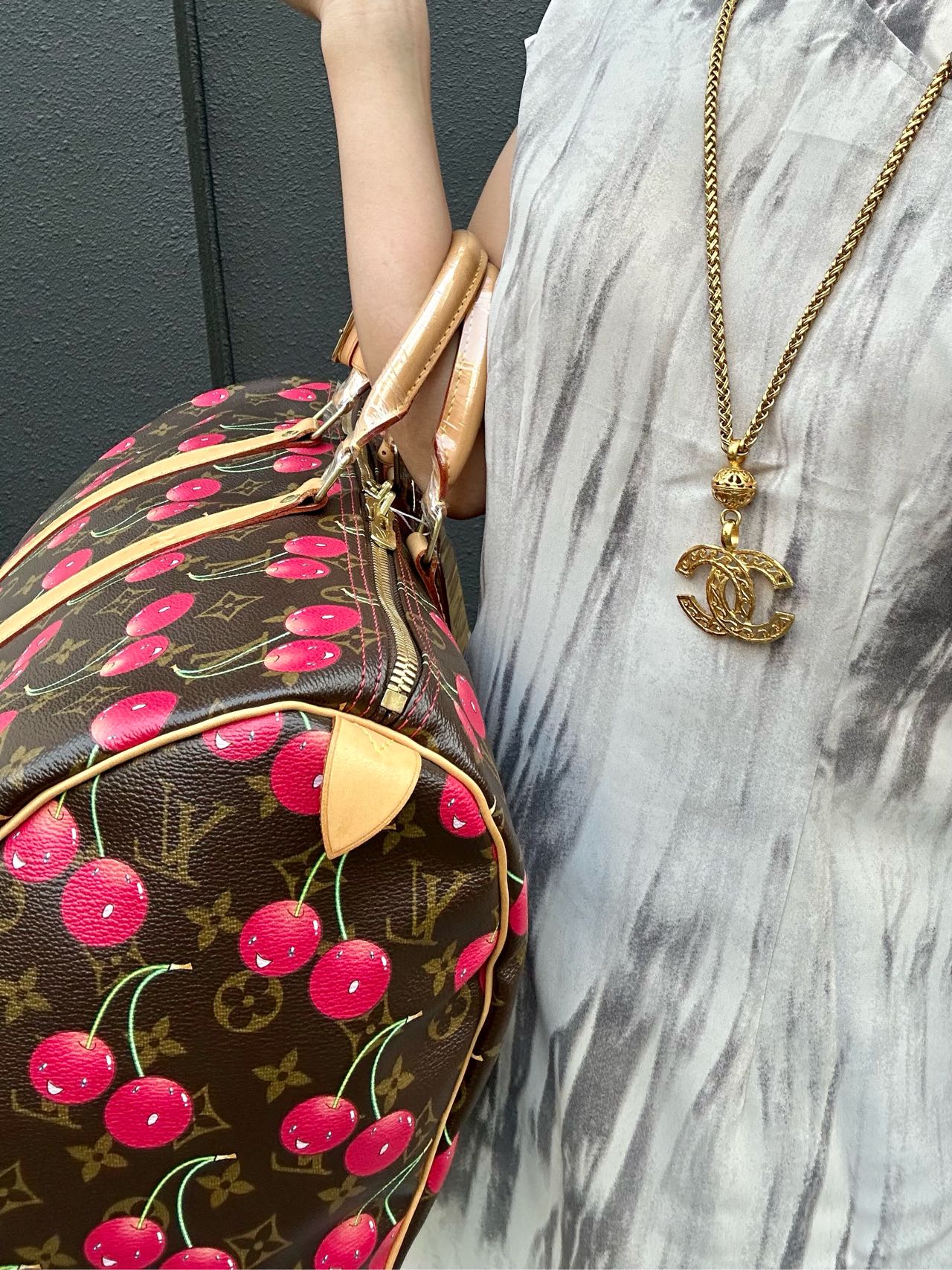 Louis Vuitton (LV) Monogram Cherry Keepall 45, Brown PVC, Limited Edition, Includes Name Tag, Luggage Strap & Boarding Pass Holder