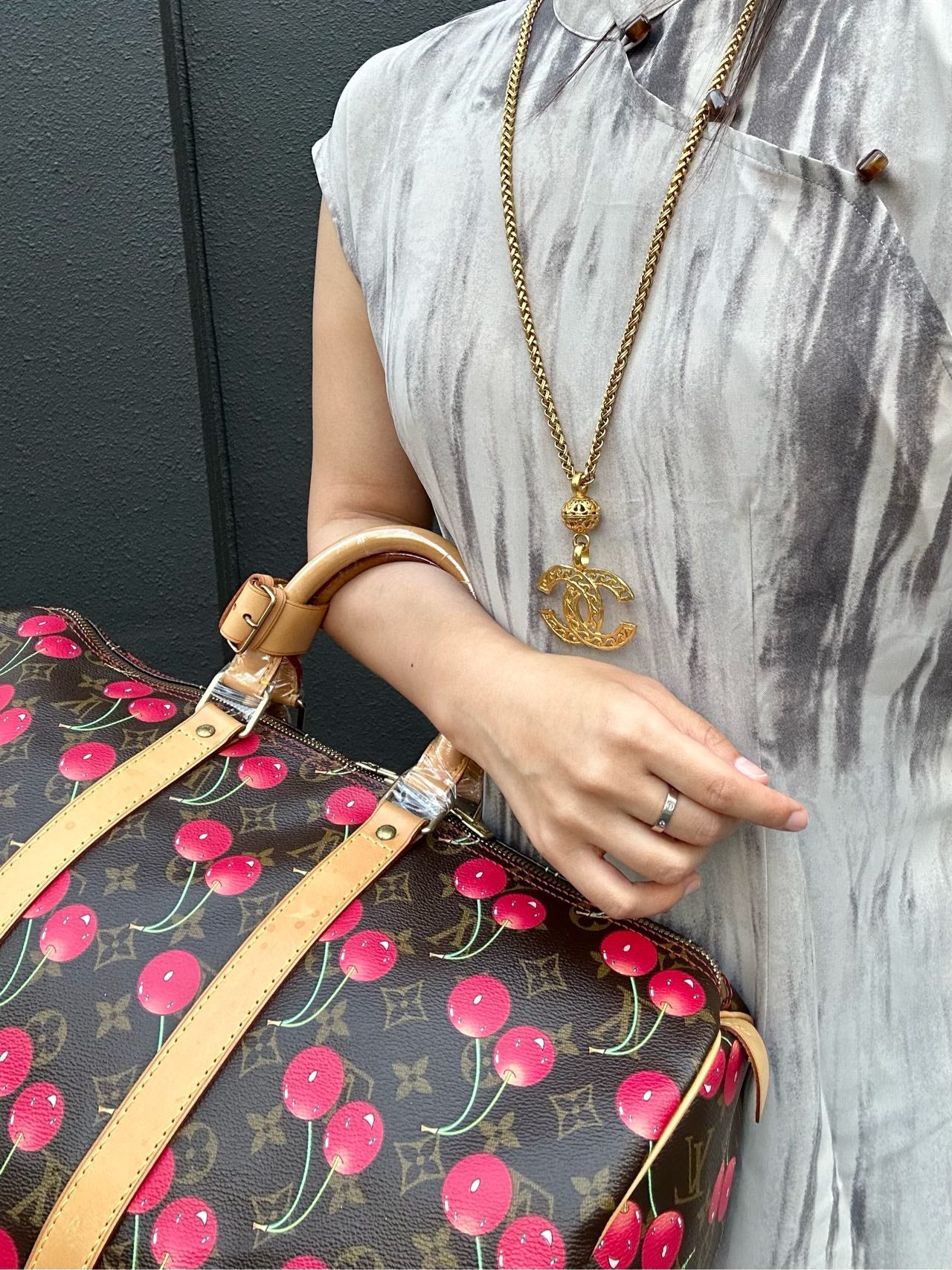 Louis Vuitton (LV) Monogram Cherry Keepall 45, Brown PVC, Limited Edition, Includes Name Tag, Luggage Strap & Boarding Pass Holder