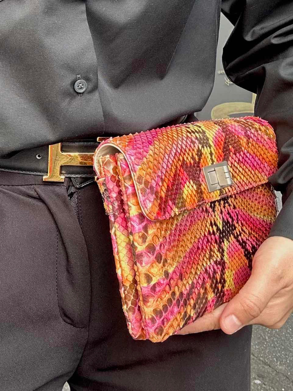 CHANEL Yellow-Pink Snake Skin Clutch Bag, Includes Dust Bag, Box & Guarantee Card