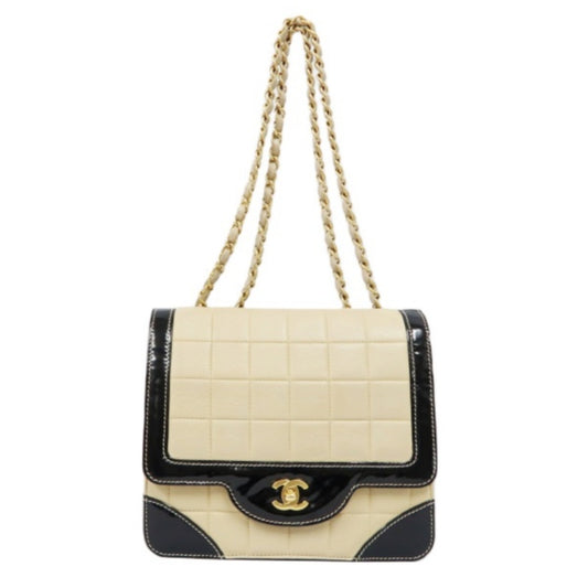 CHANEL Chocolate Bar Chain Shoulder Bag, Beige & Black, Lambskin Leather, Gold Hardware, with Guarantee Card and Dust Bag