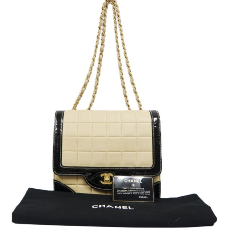 CHANEL Chocolate Bar Chain Shoulder Bag, Beige & Black, Lambskin Leather, Gold Hardware, with Guarantee Card and Dust Bag