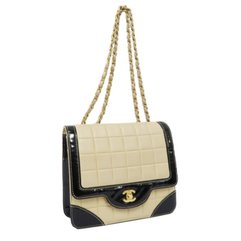 CHANEL Chocolate Bar Chain Shoulder Bag, Beige & Black, Lambskin Leather, Gold Hardware, with Guarantee Card and Dust Bag