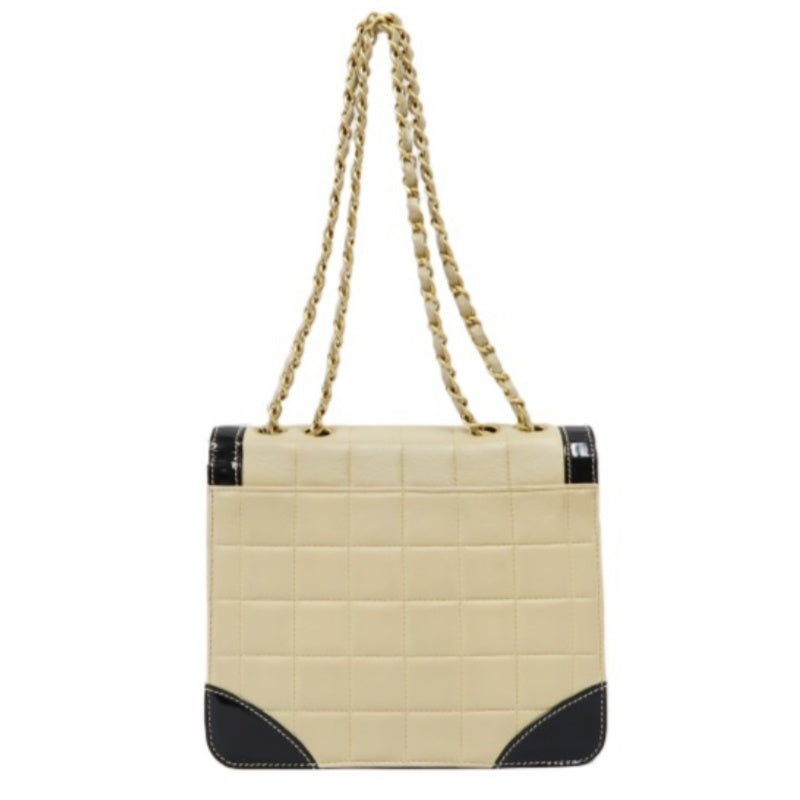 CHANEL Chocolate Bar Chain Shoulder Bag, Beige & Black, Lambskin Leather, Gold Hardware, with Guarantee Card and Dust Bag