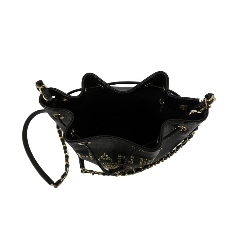 CHANEL Deauville Studded Chain Shoulder Bag, Black Calf Leather, Drawstring Bucket Style, Gold Hardware
