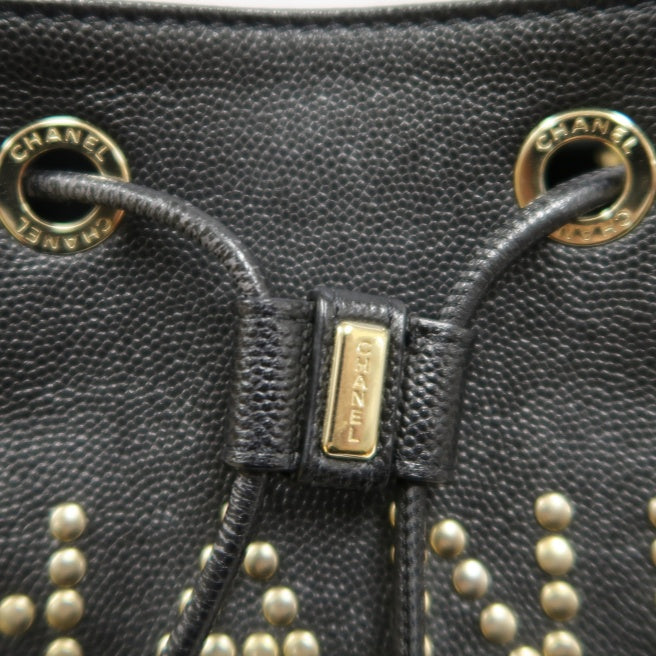 CHANEL Deauville Studded Chain Shoulder Bag, Black Calf Leather, Drawstring Bucket Style, Gold Hardware