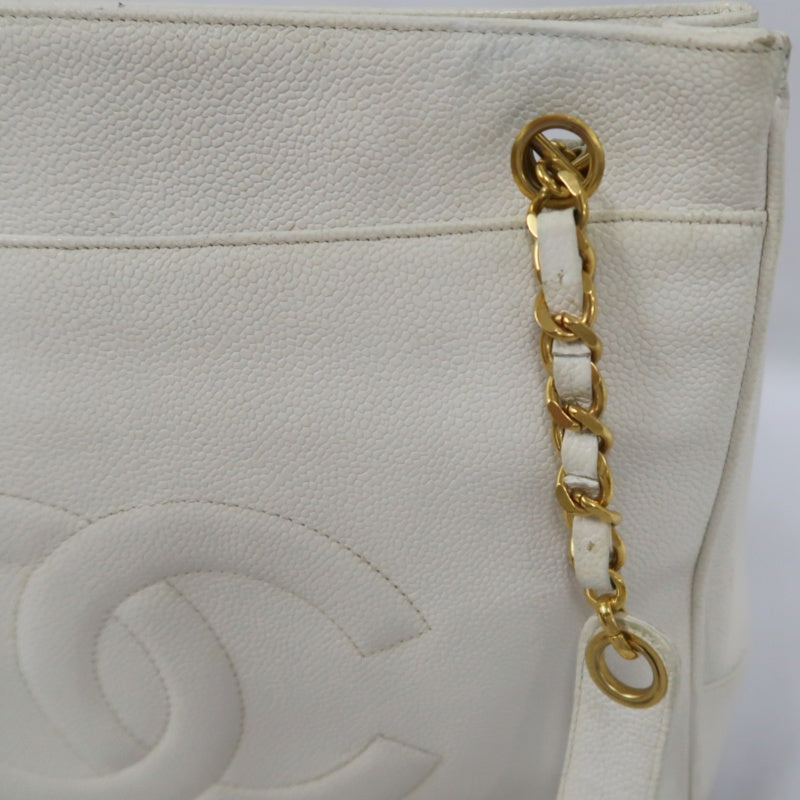 CHANEL Chain Shoulder Bag, White Caviar Leather, Gold Hardware, with Guarantee Card