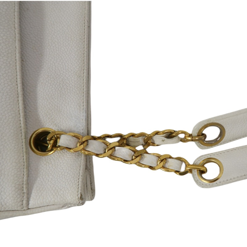 CHANEL Chain Shoulder Bag, White Caviar Leather, Gold Hardware, with Guarantee Card