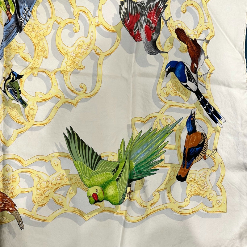 HERMES Carre 90 Silk Scarf, White Tone, with Tag, Oiseaux de l'Inde et de l'Himalaya