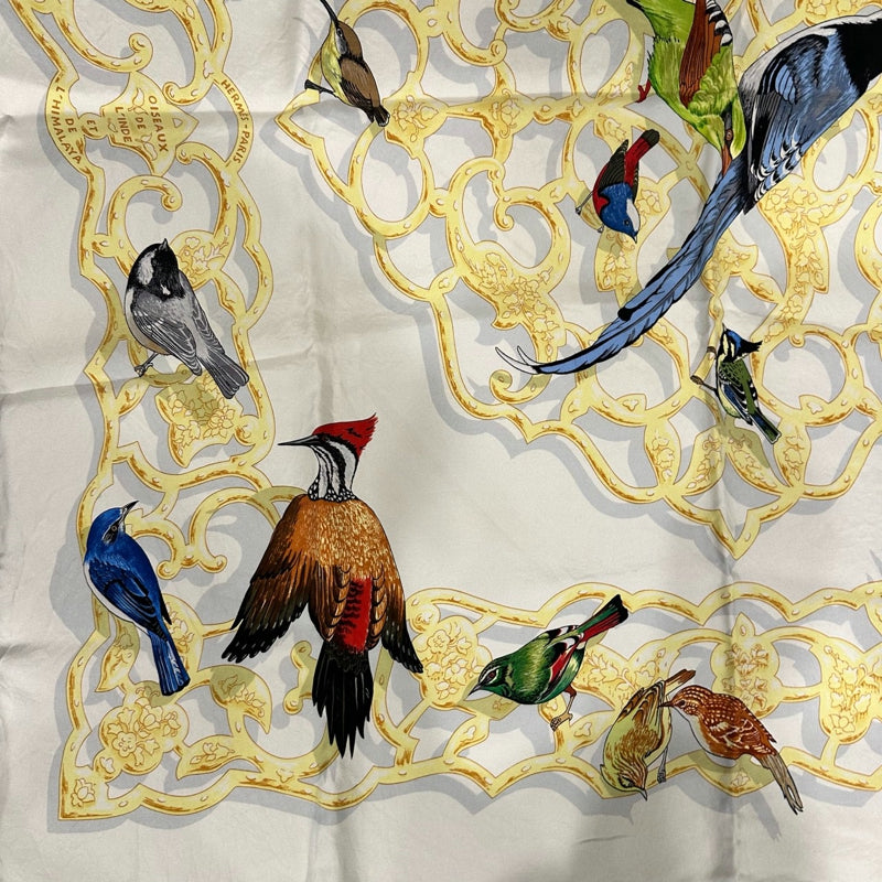 HERMES Carre 90 Silk Scarf, White Tone, with Tag, Oiseaux de l'Inde et de l'Himalaya