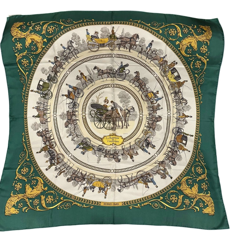 HERMES green carriage pattern carre 90 silk scarf with tag and box