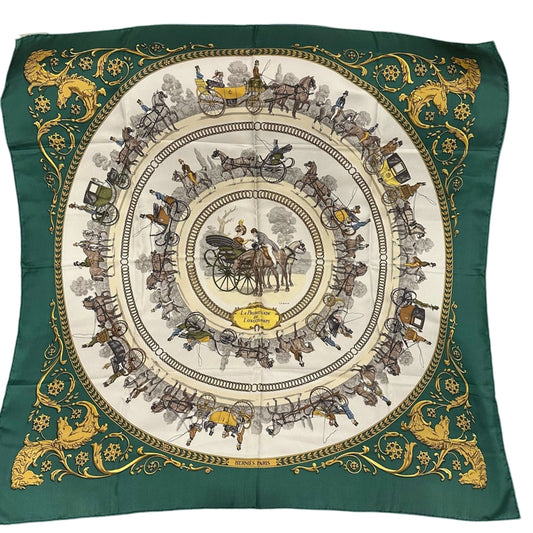 HERMES green carriage pattern carre 90 silk scarf with tag and box